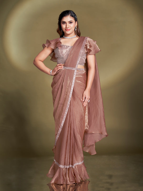 Chiku Satin Silk Ready-To-Wear Saree with Sequins & Beads Aari Work – Party & Ceremony Wear