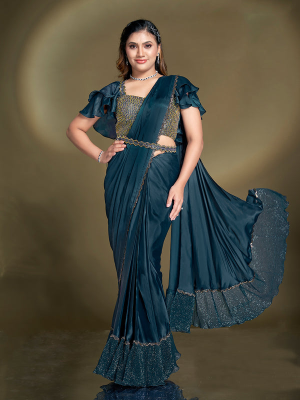Navy Blue Ready-to-Wear Saree in Crepe Satin Silk with Sequins & Beads Aari Work | Party Wear Designer Saree with Matching Blouse