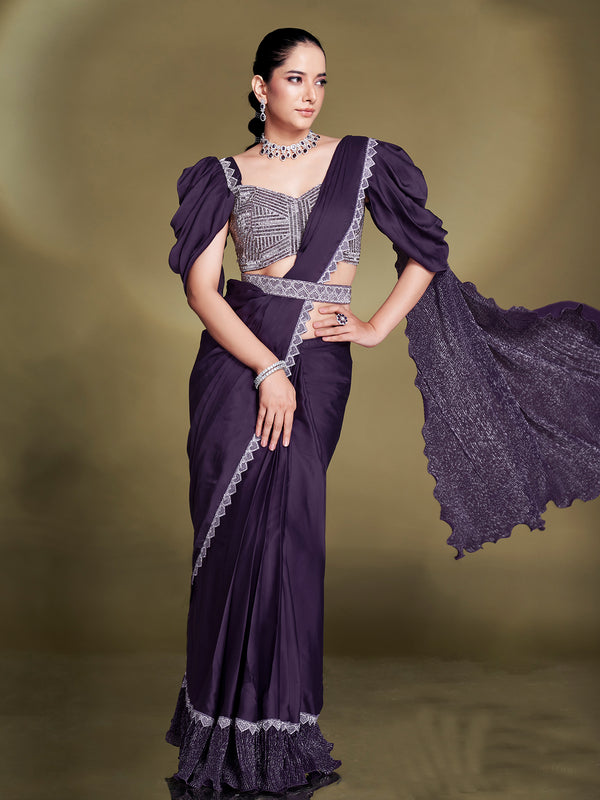 Wine Ready-to-Wear Crepe Satin Silk Saree with Sequins & Beads Aari Work – Party & Ceremony Saree