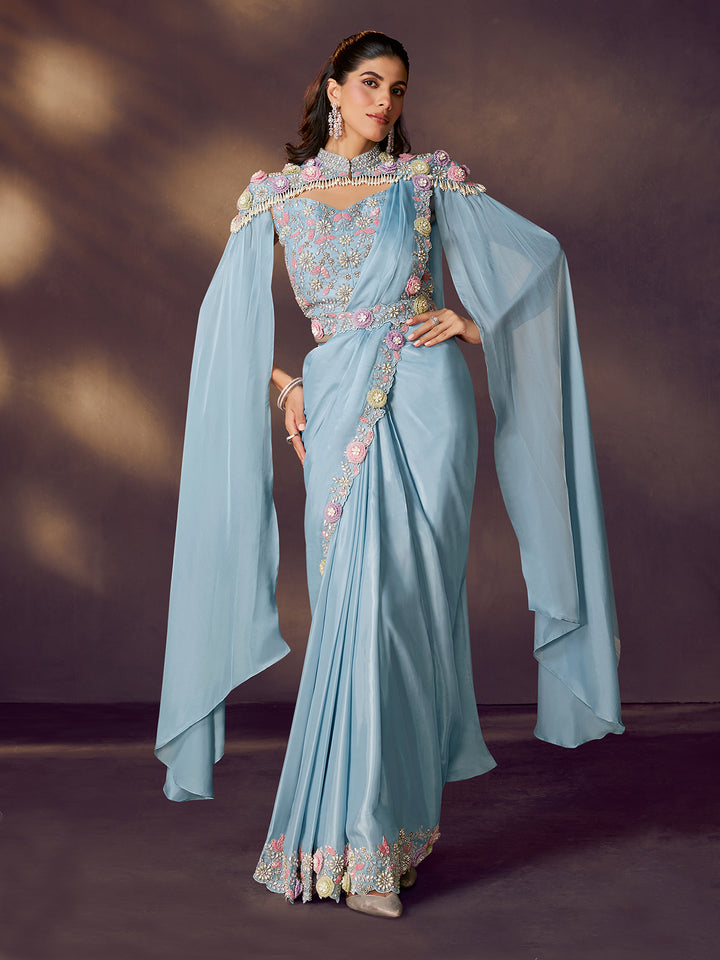 Designer Sky Blue Two-Tone Satin Silk Saree with Sequins Embroidery & Pearl Work - Party Wear Saree