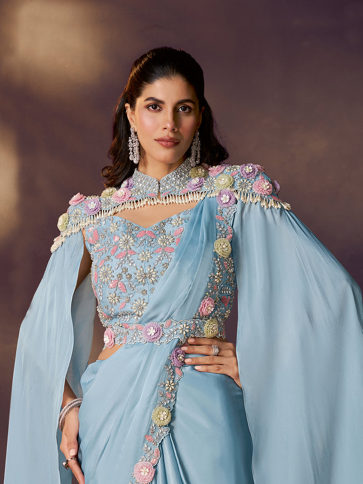 Designer Sky Blue Two-Tone Satin Silk Saree with Sequins Embroidery & Pearl Work - Party Wear Saree