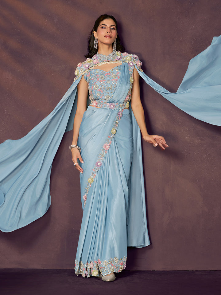 Designer Sky Blue Two-Tone Satin Silk Saree with Sequins Embroidery & Pearl Work - Party Wear Saree