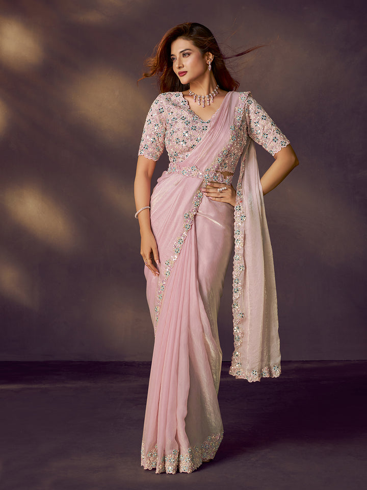 Pink Two-Tone Satin Silk Saree with Dual Sequins Mirror & Pearl Handwork