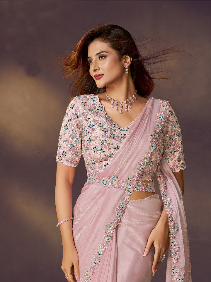 Pink Two-Tone Satin Silk Saree with Dual Sequins Mirror & Pearl Handwork