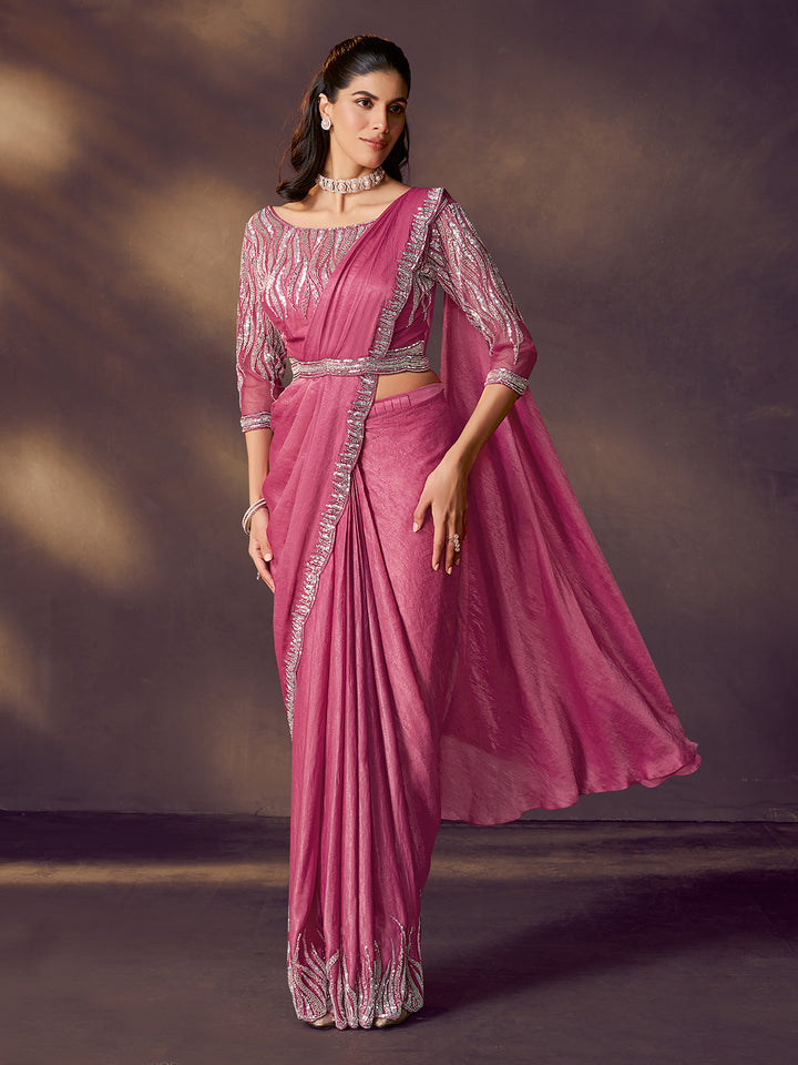 Raspberry Two-Tone Satin Silk Saree | Dual Sequins, Mirror & Pearl Handwork Party Wear Saree