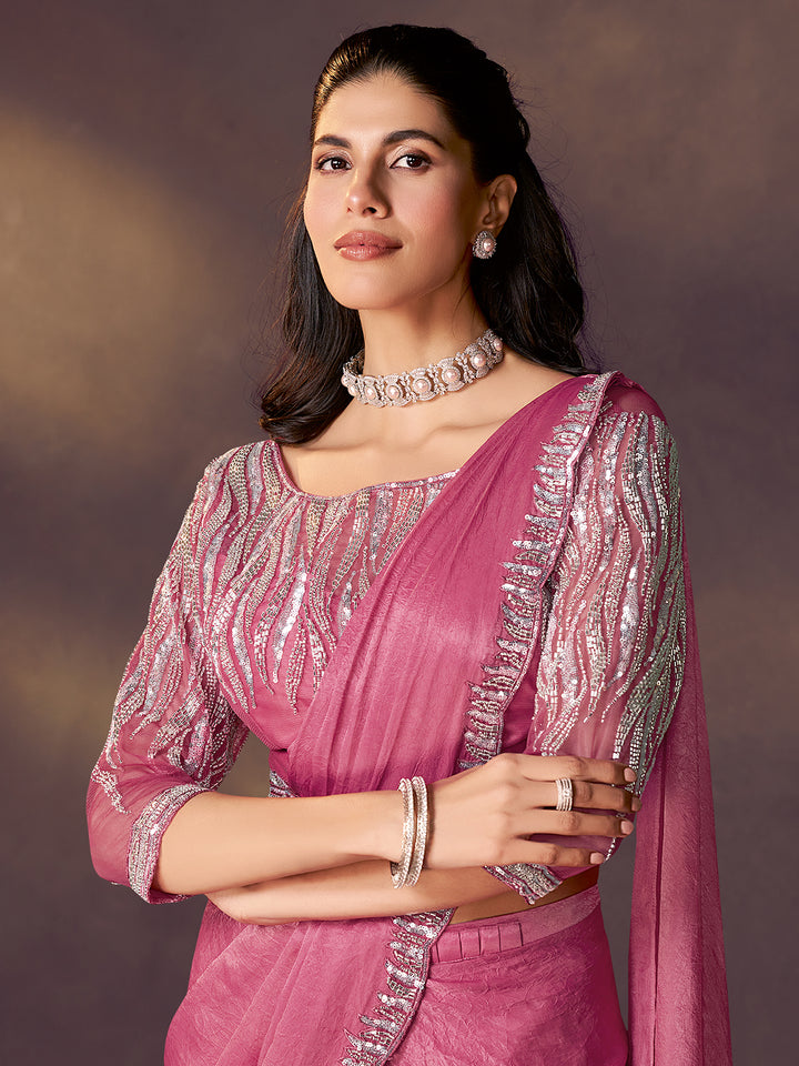 Raspberry Two-Tone Satin Silk Saree | Dual Sequins, Mirror & Pearl Handwork Party Wear Saree