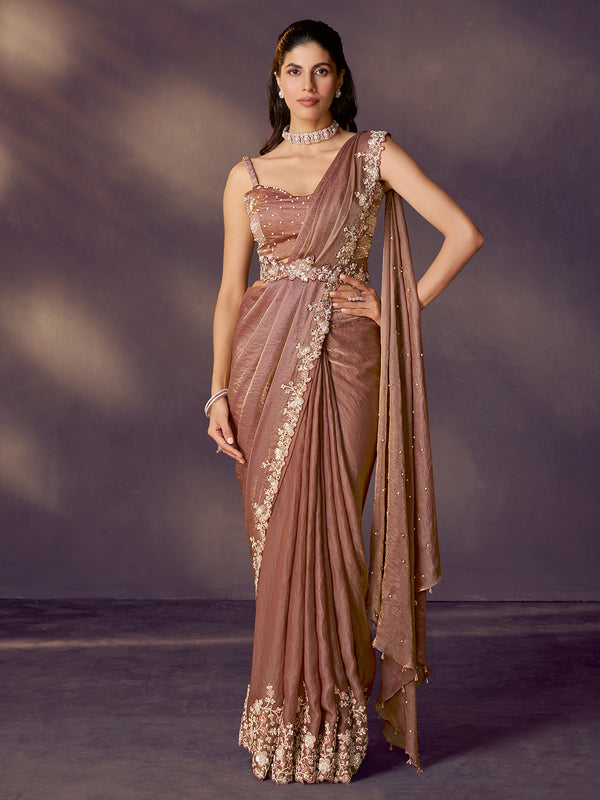 Brown two-tone satin silk saree: dual sequins, mirror & pearl handwork