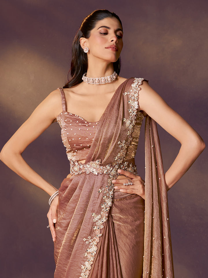 Brown two-tone satin silk saree: dual sequins, mirror & pearl handwork