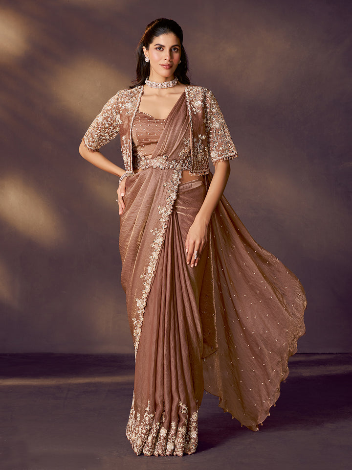 Brown two-tone satin silk saree: dual sequins, mirror & pearl handwork