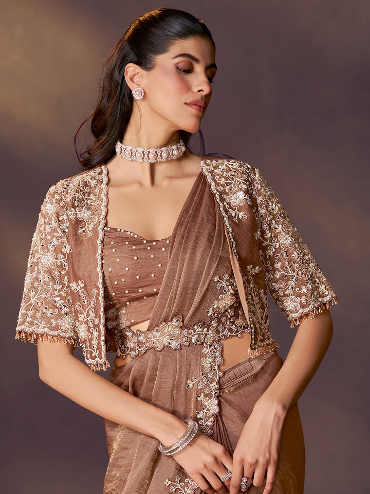 Brown two-tone satin silk saree: dual sequins, mirror & pearl handwork