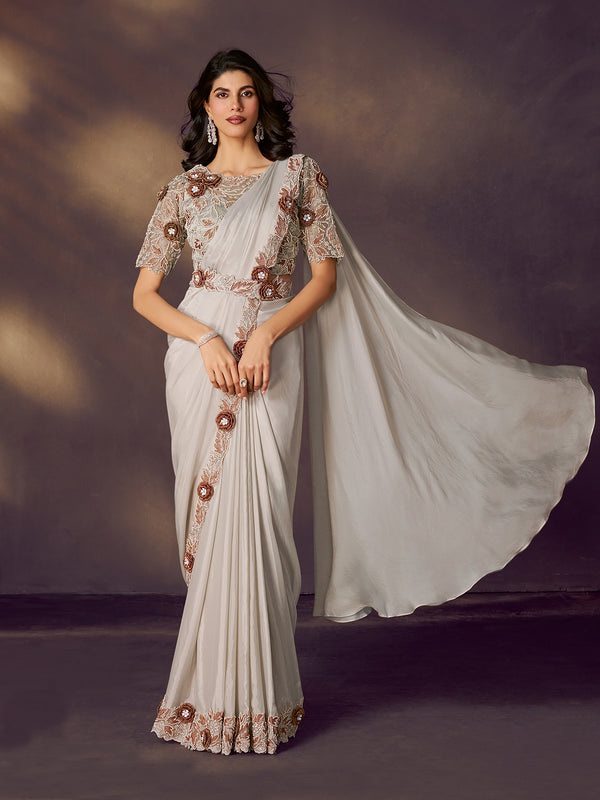 Designer Off-White Two Tone Satin Silk Saree with Sequins, Stone & Pearl Work