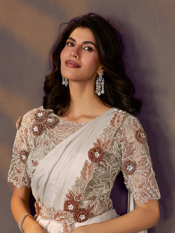 Designer Off-White Two Tone Satin Silk Saree with Sequins, Stone & Pearl Work