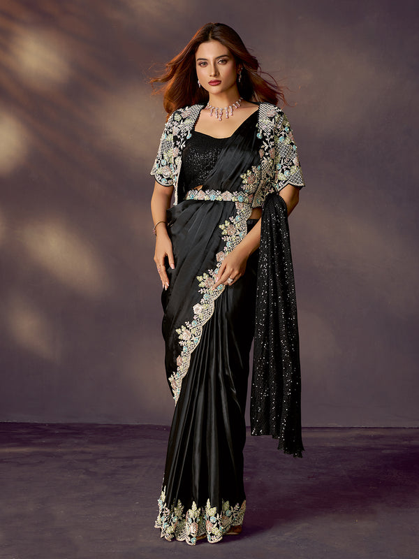 black two tone satin silk saree sequins stone pearl work party wear