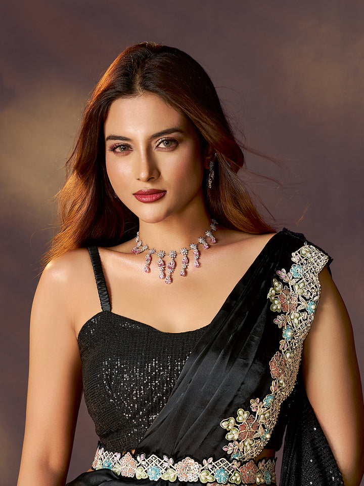 black two tone satin silk saree sequins stone pearl work party wear