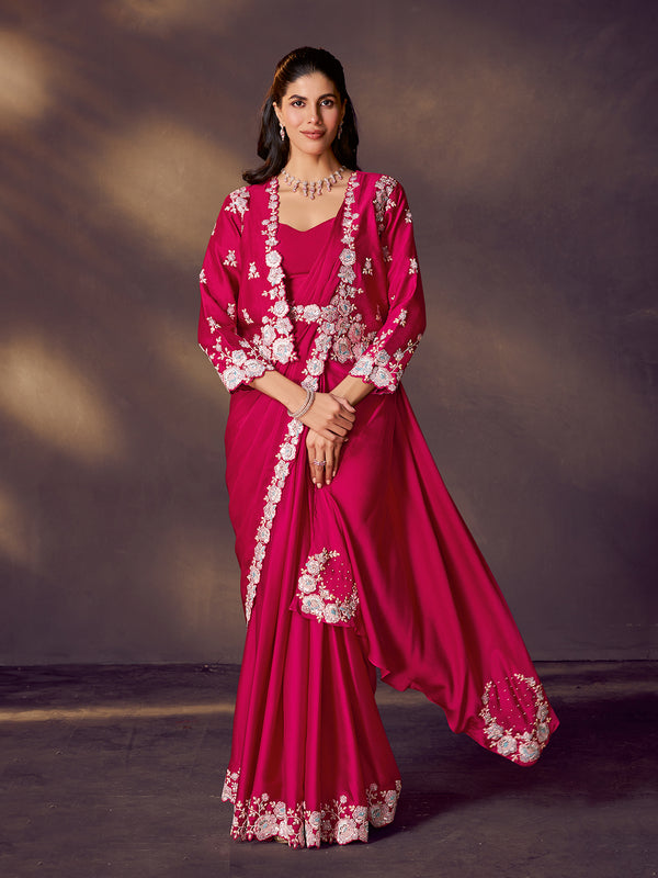 Rani Pink Dual Tone Satin Silk Saree with Sequin & Stone Handwork | Designer Party Wear Saree