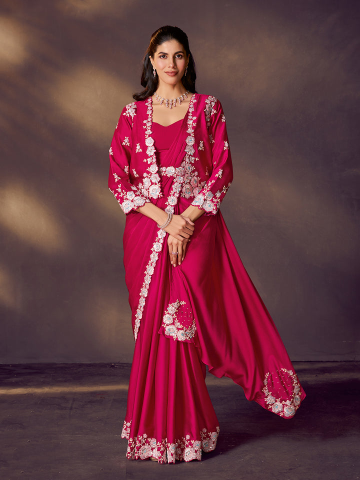 Rani Pink Dual Tone Satin Silk Saree with Sequin & Stone Handwork | Designer Party Wear Saree
