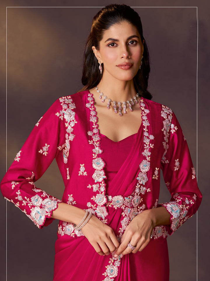 Rani Pink Dual Tone Satin Silk Saree with Sequin & Stone Handwork | Designer Party Wear Saree