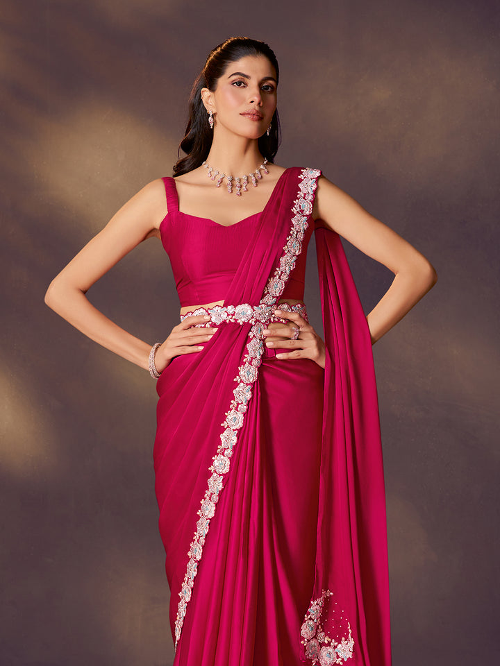 Rani Pink Dual Tone Satin Silk Saree with Sequin & Stone Handwork | Designer Party Wear Saree