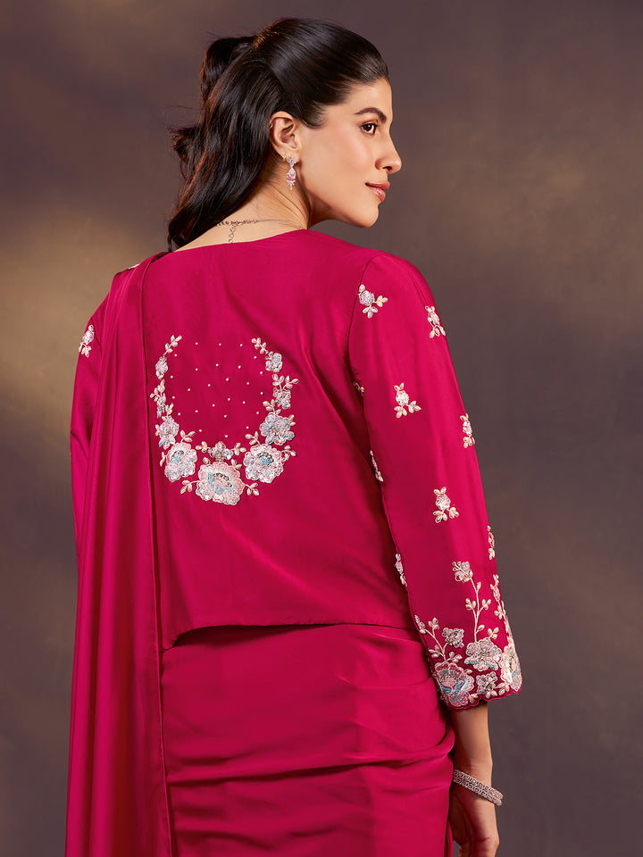 Rani Pink Dual Tone Satin Silk Saree with Sequin & Stone Handwork | Designer Party Wear Saree