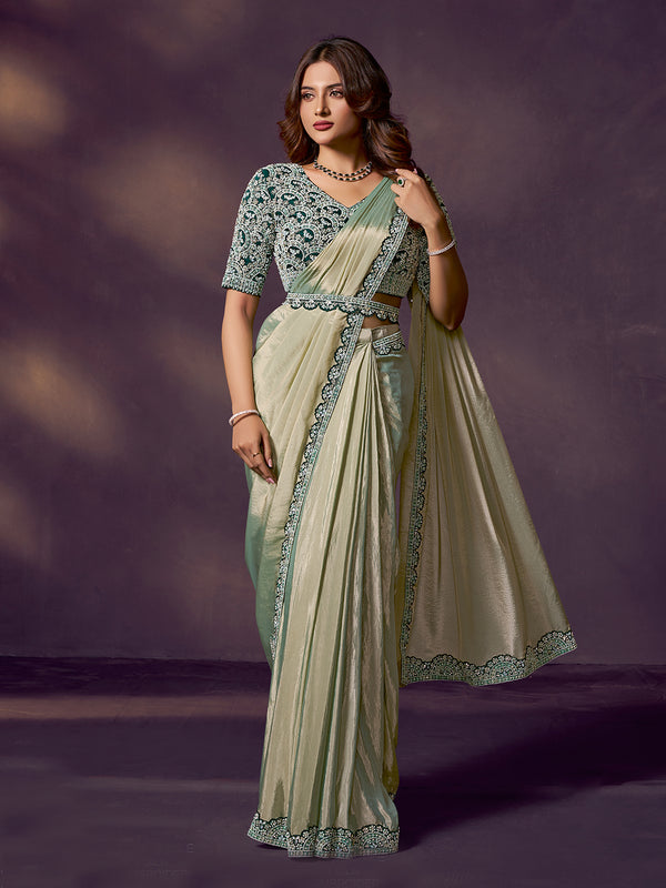 Green Two Tone Soft Silk Saree with Dual Beads, Stone & Handwork | Matching Satin Blouse