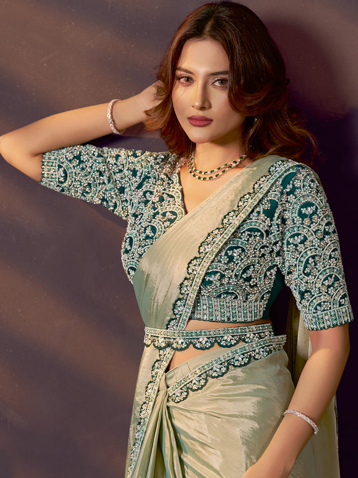 Green Two Tone Soft Silk Saree with Dual Beads, Stone & Handwork | Matching Satin Blouse