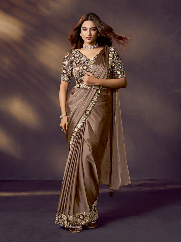 Brown Dual-Tone Satin Silk Saree with Sequin and Stone Handwork