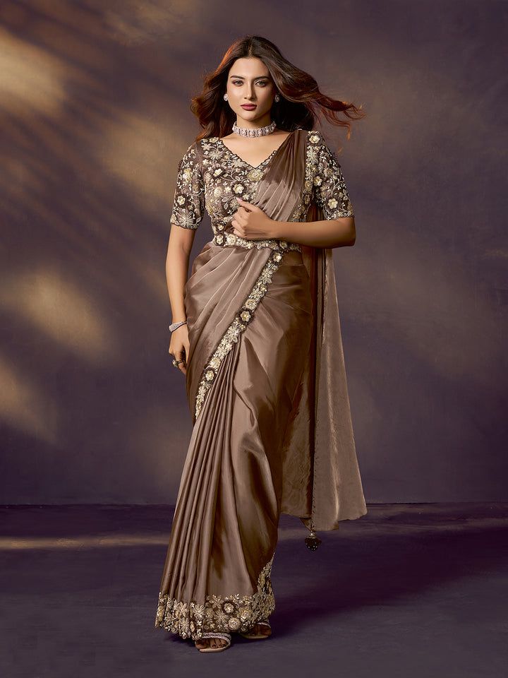 Brown Dual-Tone Satin Silk Saree with Sequin and Stone Handwork