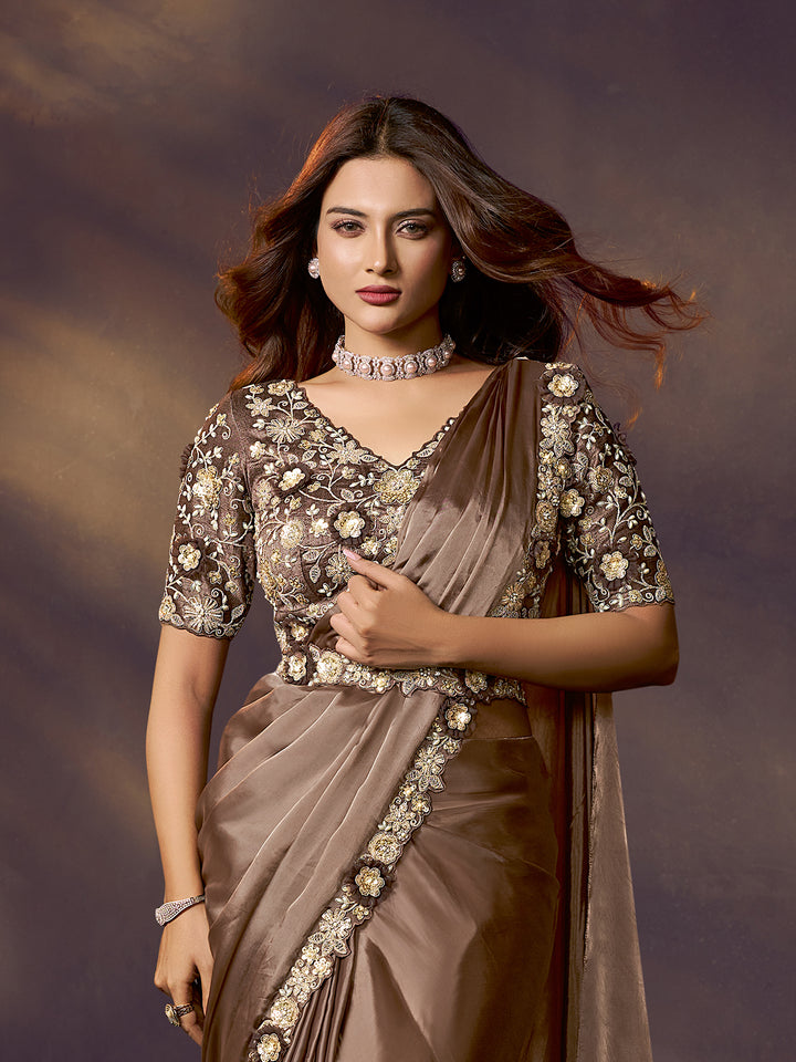 Brown Dual-Tone Satin Silk Saree with Sequin and Stone Handwork