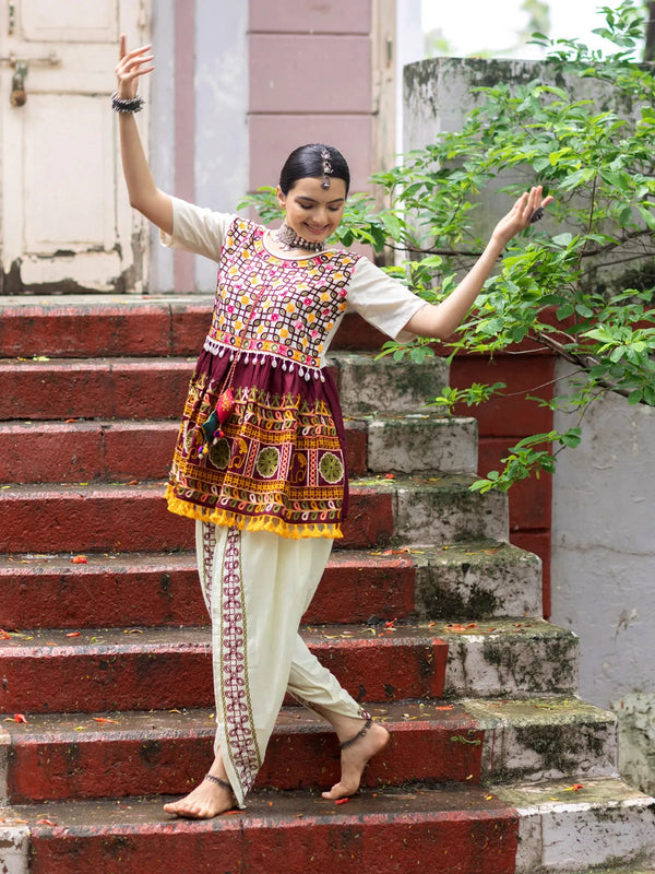 Off-White & Wine Navratri Kedia Set with Embroidery and Handmade Potli Latkans