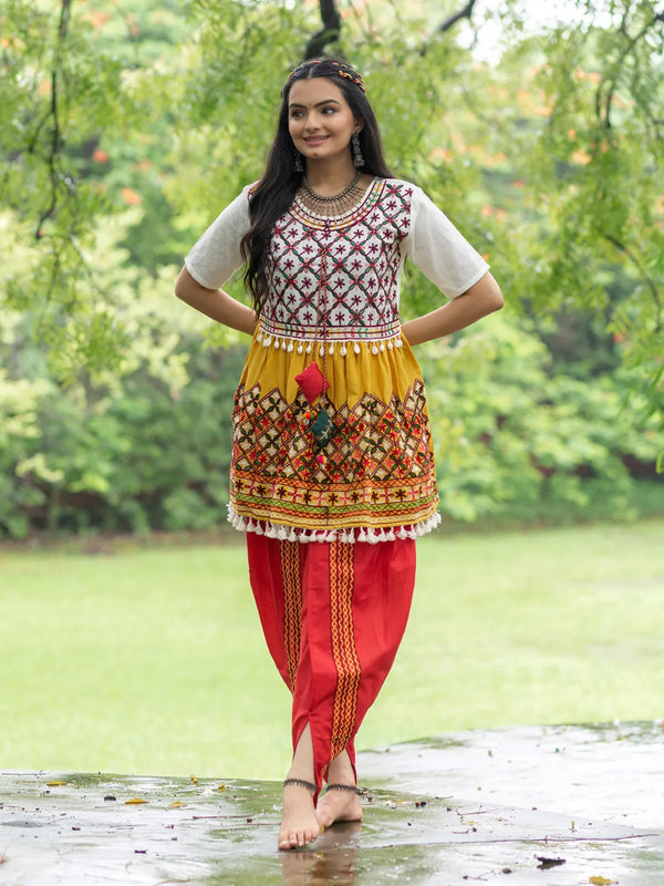 Off-White & Yellow Navratri Kedia Set with Embroidery and Handmade Potli Latkans