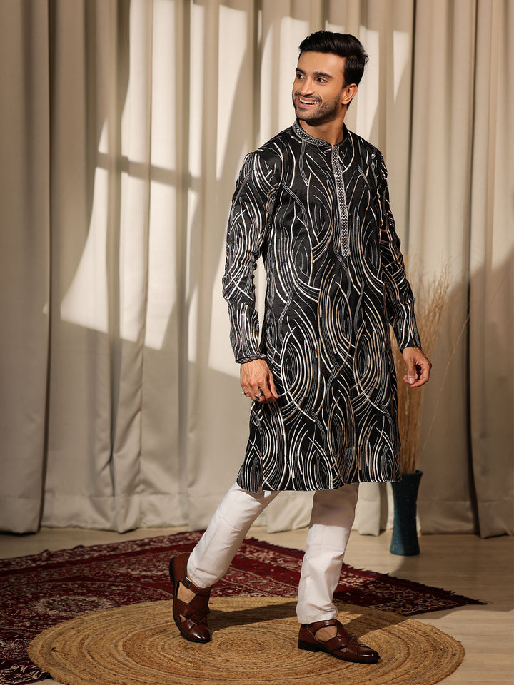 Black Viscose Men’s Ceremonial Kurta Set with Designer Embroidery & Cream Silk Bottom – Wedding & Festive Wear