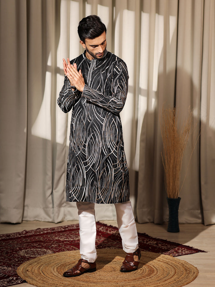 Black Viscose Men’s Ceremonial Kurta Set with Designer Embroidery & Cream Silk Bottom – Wedding & Festive Wear