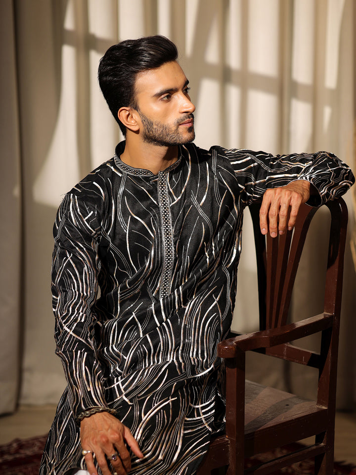 Black Viscose Men’s Ceremonial Kurta Set with Designer Embroidery & Cream Silk Bottom – Wedding & Festive Wear