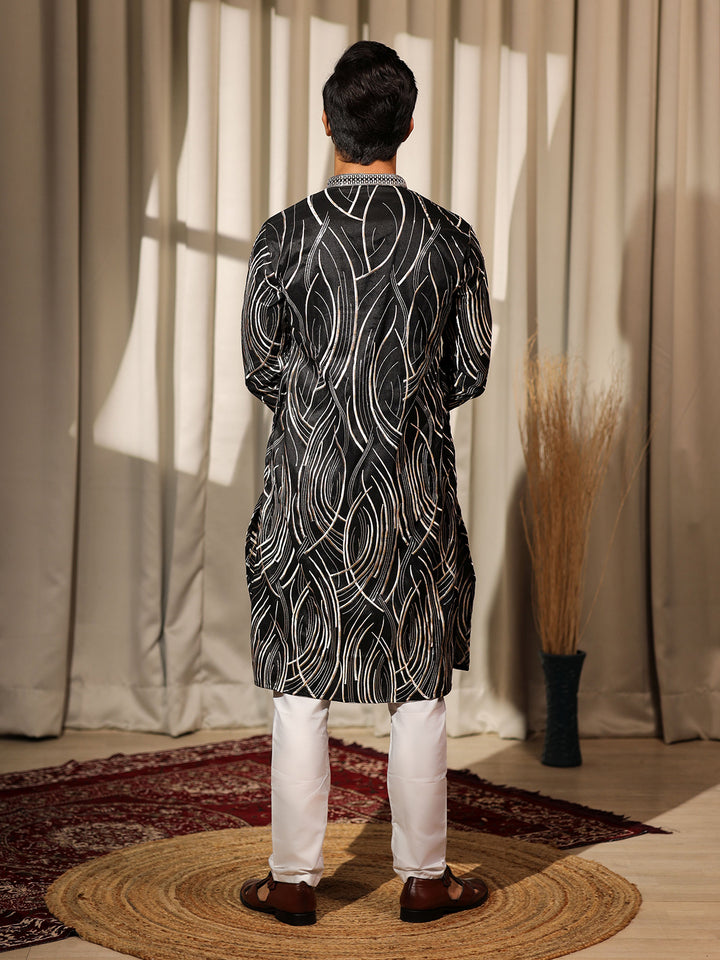 Black Viscose Men’s Ceremonial Kurta Set with Designer Embroidery & Cream Silk Bottom – Wedding & Festive Wear