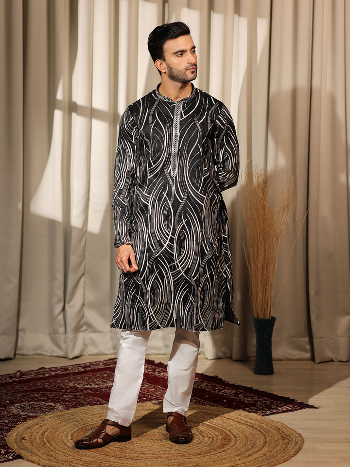 Black Viscose Men’s Ceremonial Kurta Set with Designer Embroidery & Cream Silk Bottom – Wedding & Festive Wear