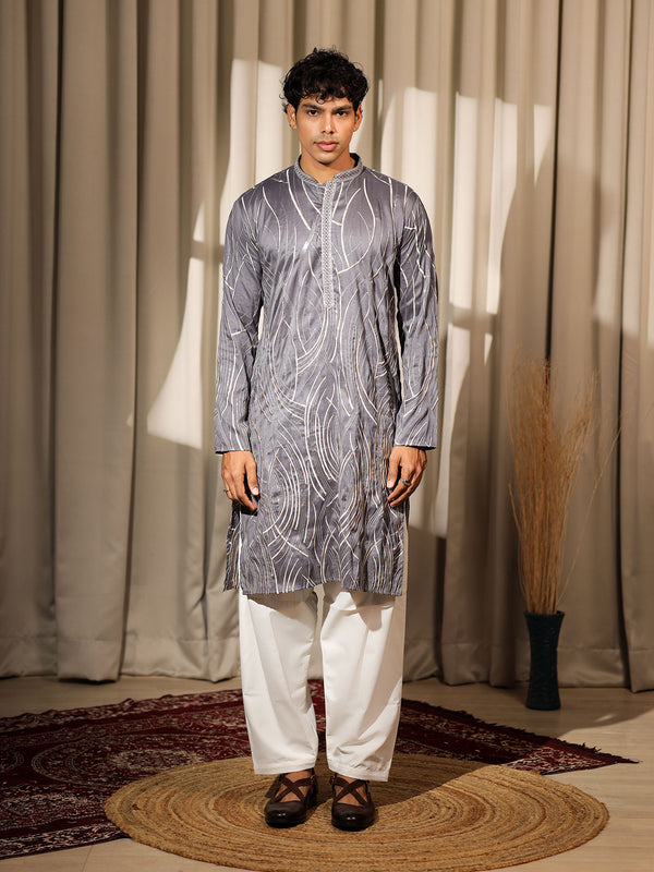Men’s Grey Viscose Kurta Set with Designer Embroidery & Cream Silk Bottom – Perfect Ceremonial & Festive Wear