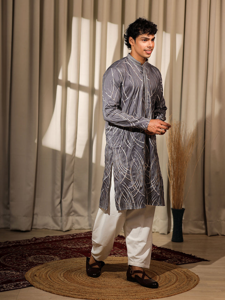Men’s Grey Viscose Kurta Set with Designer Embroidery & Cream Silk Bottom – Perfect Ceremonial & Festive Wear
