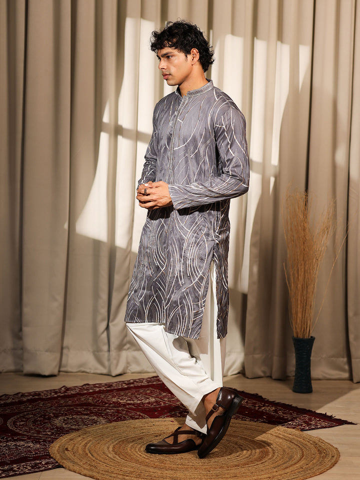 Men’s Grey Viscose Kurta Set with Designer Embroidery & Cream Silk Bottom – Perfect Ceremonial & Festive Wear