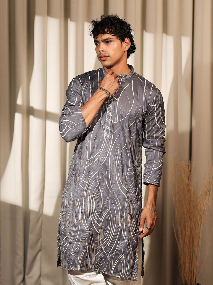 Men’s Grey Viscose Kurta Set with Designer Embroidery & Cream Silk Bottom – Perfect Ceremonial & Festive Wear