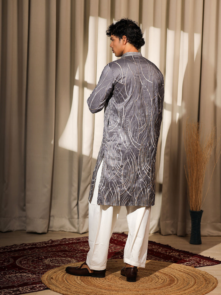 Men’s Grey Viscose Kurta Set with Designer Embroidery & Cream Silk Bottom – Perfect Ceremonial & Festive Wear