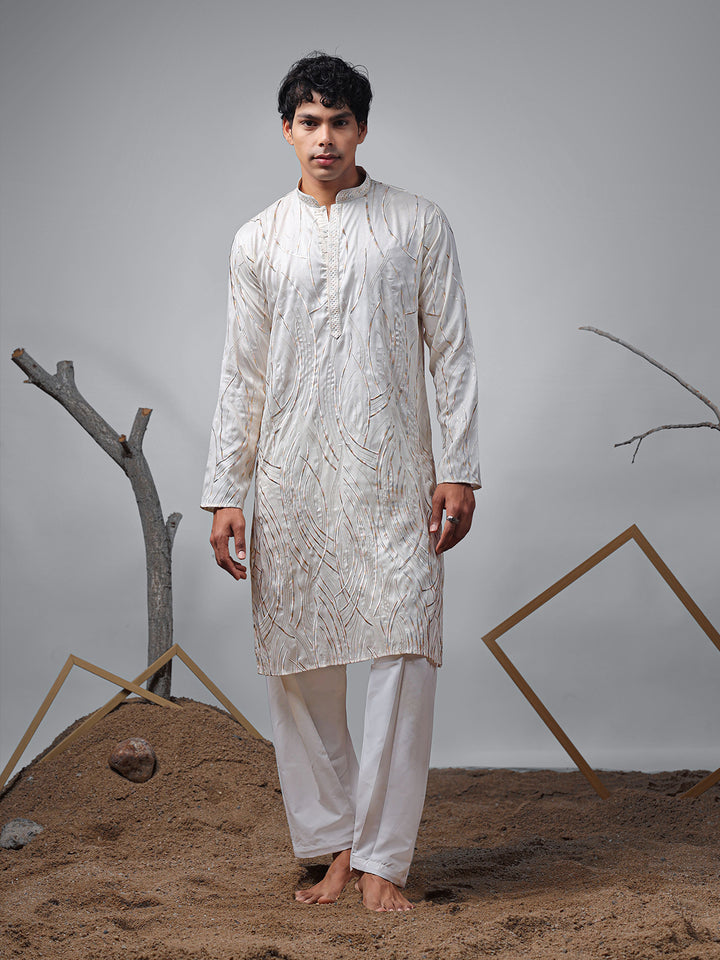 Men's Off-White Embroidered Kurta Set | Silk Bottom for Ceremonial Wear