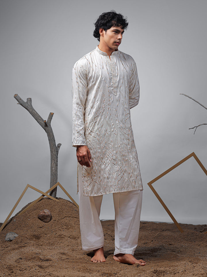 Men's Off-White Embroidered Kurta Set | Silk Bottom for Ceremonial Wear