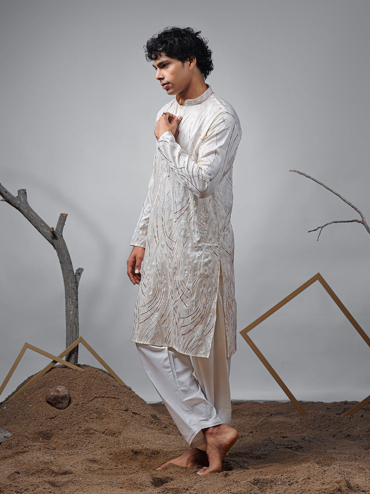 Men's Off-White Embroidered Kurta Set | Silk Bottom for Ceremonial Wear