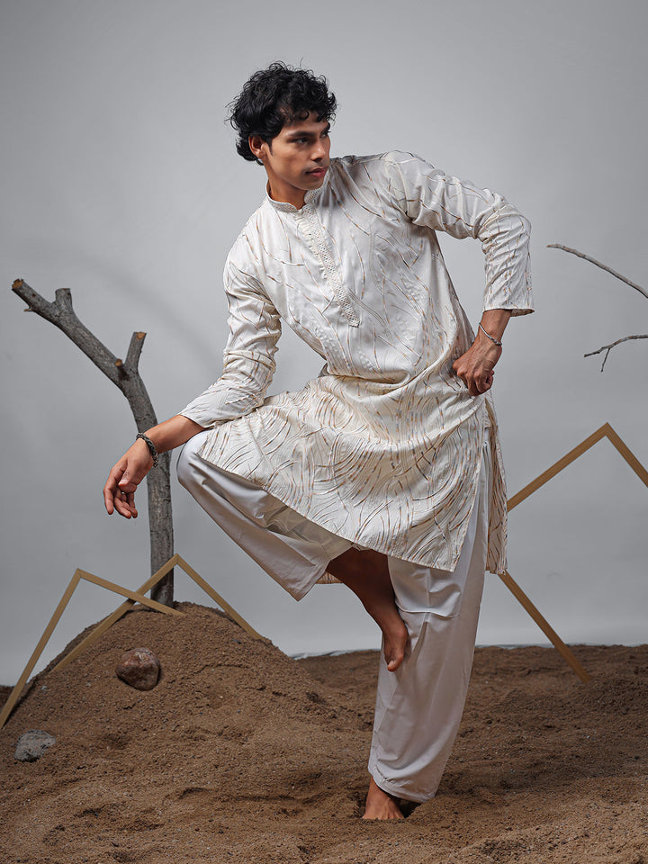 Men's Off-White Embroidered Kurta Set | Silk Bottom for Ceremonial Wear