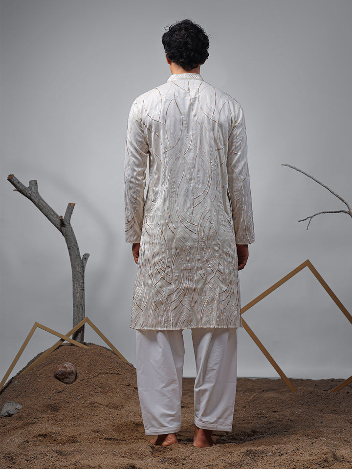 Men's Off-White Embroidered Kurta Set | Silk Bottom for Ceremonial Wear