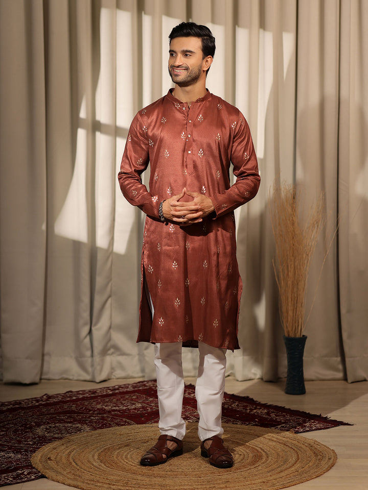 Brown Viscose Designer Embroidered Kurta Set for Men with Silk Cream Bottom – Perfect Ceremonial Wear