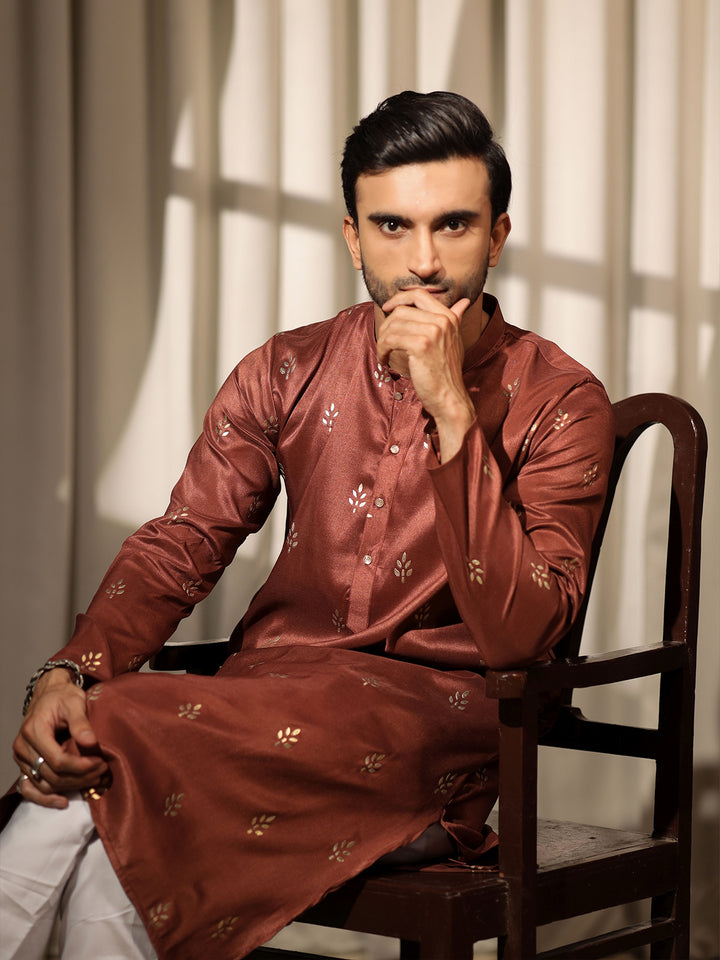 Brown Viscose Designer Embroidered Kurta Set for Men with Silk Cream Bottom – Perfect Ceremonial Wear