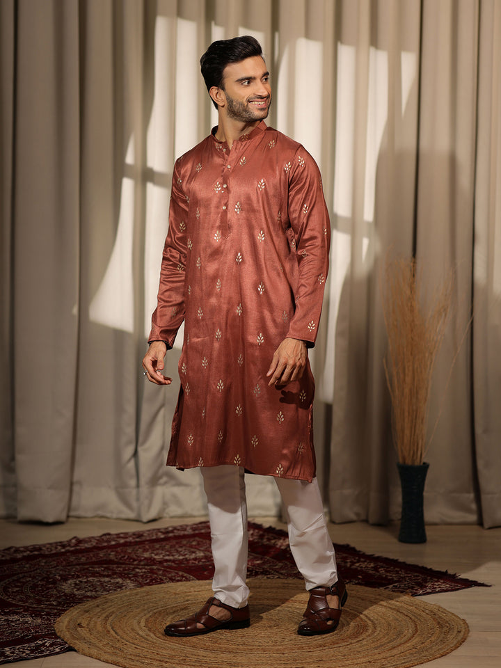 Brown Viscose Designer Embroidered Kurta Set for Men with Silk Cream Bottom – Perfect Ceremonial Wear