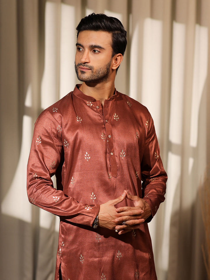 Brown Viscose Designer Embroidered Kurta Set for Men with Silk Cream Bottom – Perfect Ceremonial Wear