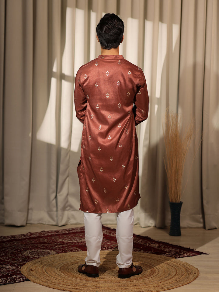 Brown Viscose Designer Embroidered Kurta Set for Men with Silk Cream Bottom – Perfect Ceremonial Wear